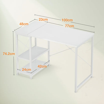 ODK Desk with Storage Shelves, Small Computer Desk, 100 x 48 cm, White
