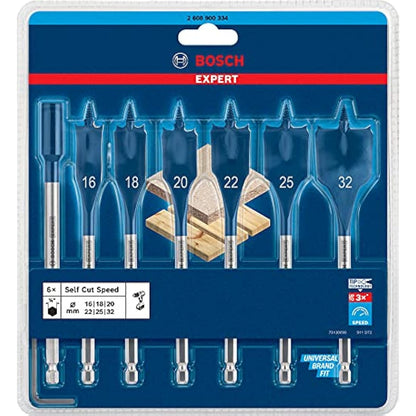Bosch 7x EXPERT Self Cut Speed Spade Drill Bit Set (for Softwood, Particleboard, Ø 16-32 mm, Professional Accessory Rotary Drill/Drivers)