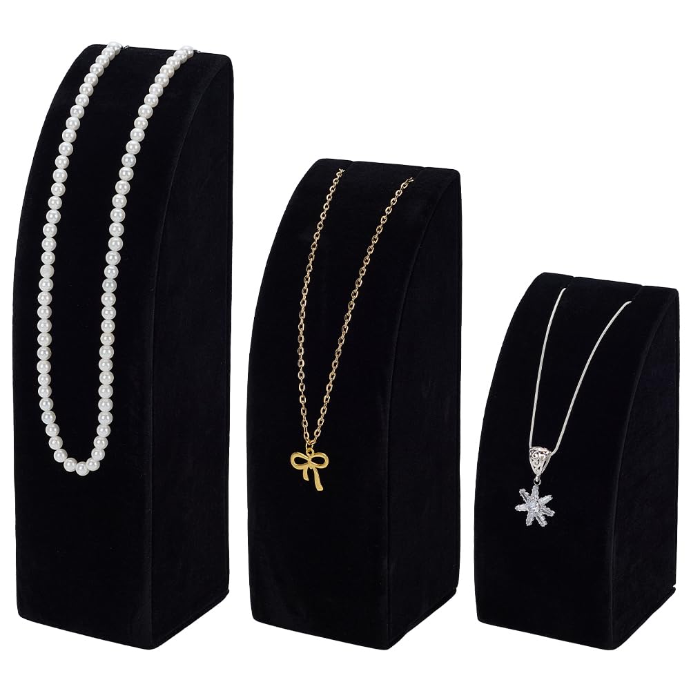 FINGERINSPIRE 3Pcs Velvet Necklace Display Stand 14.35/19.5/24.5cm Height Black Jewelry Holder Organizer for Selling Pendant Chain Necklace Rack for