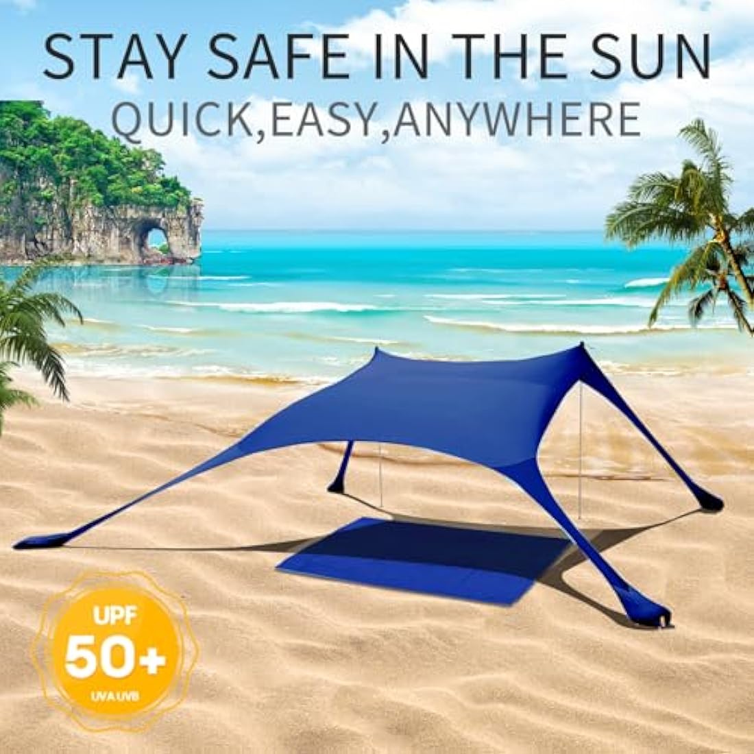 CUUPO 7×7 FT Beach Tent Sun Shelter UPF50+ UV Protection, Outdoor Small Canopy Tent Sun Shade with 2 Poles for Camping, Beach, Fishing, Backyard and Picnics Navy Blue