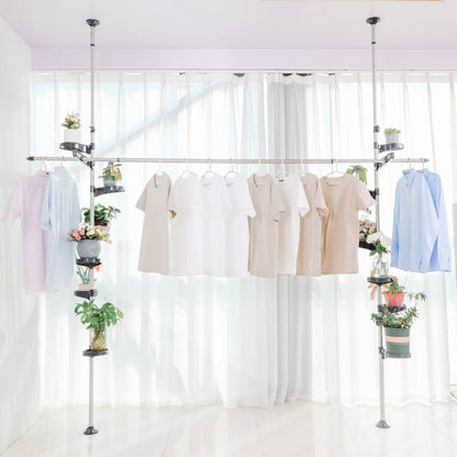 BAOYOUNI Indoor Plant Pole Stand Double Tension Rods Flower Pot Storage Shelf Holders Floor to Ceiling Display Rack Hanger with 12 Trays, 2 Hooks & 1