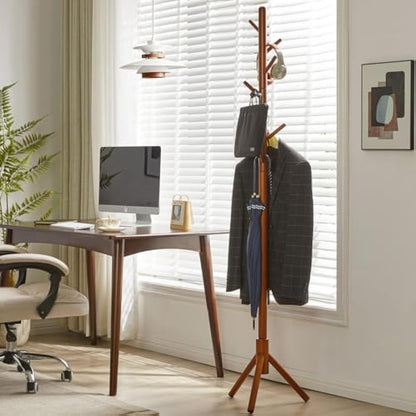 Aibiju Coat Rack Free Standing, Coat Tree With 8 Hooks and 3 Height Options, Wood Coat Hanger Stand, Suit for Adults,Kids, Home/Entryway/Hallway (Brown),YD-1006