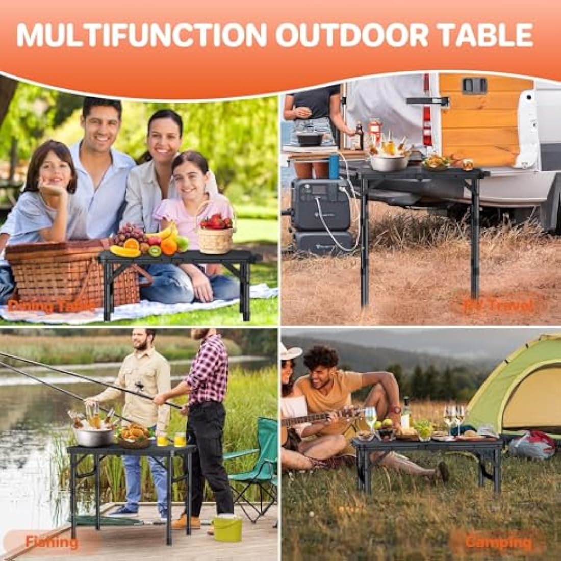 FUNYKICH 2ft Small Folding Camping Table, 3 Height Adjustable Portable Picnic Table, Lightweight Aluminum Outdoor Tables with Carry Handle for Camping, Picnic, BBQ, 58x40cm(L22.8 xW15.7), Black