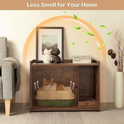 Mondeer Cat Litter Box Enclosure, Wooden Kitty Hidden Washroom Toilet with Door and Holes, Industrial Indoor Cat Houses for Living Room Bedroom Hallway, Rustic Brown