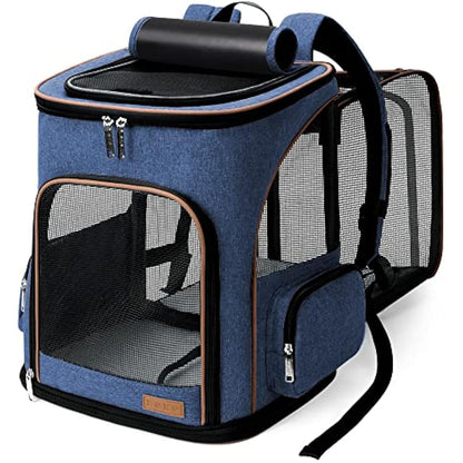 Lekesky Expandable Cat Carrier Backpack - Portable Breathable Rucksack for Medium and Small Cats & Dogs, Foldable with Inner Escape-proof Leash and Pet Mat, Supports 25 lbs (Blue)
