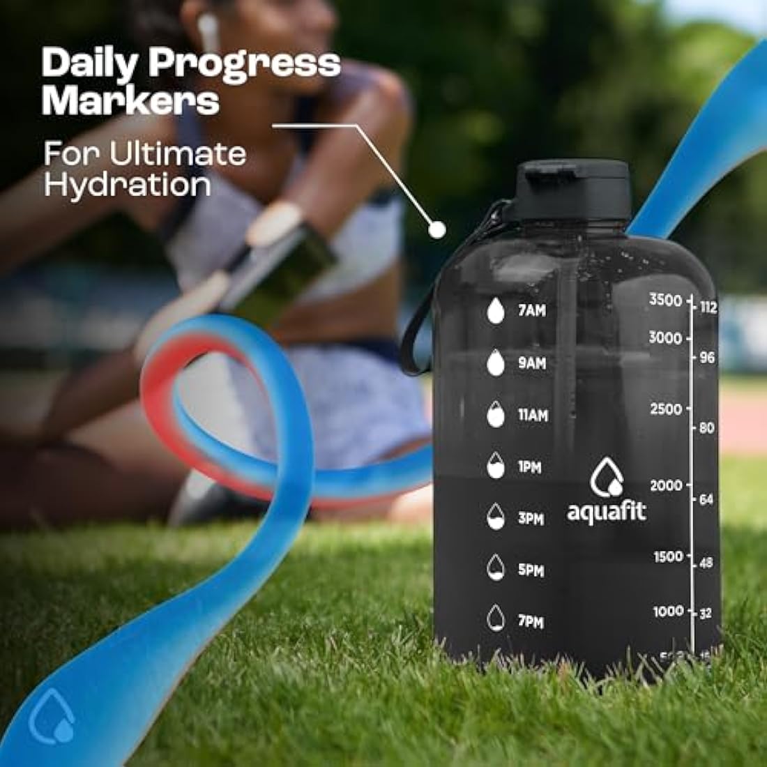 AQUAFIT 4 Litre Water Bottle with Straw - Water Bottle 4L with Time Marker - One Gallon Big Bottle with Straw - Large Bottle For Gym - 2 Lids, Grey Fade