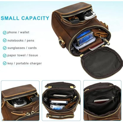 Mini Mens Genuine Leather Messenger Shoulder Bag Motorcycle Bike Riding Cycling Multi Waist Fanny Pack Small Leather Leg Bag for Wallet Coin Key iPhone, 9391 Brown