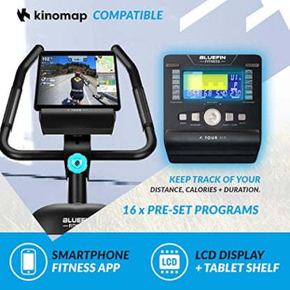 Bluefin Fitness Tour FIT Exercise Bike | Exercise Bikes Home Use | Pulse Sensor | Kinomap Compatible | Cycling Machine | LCD Console | Magnetic Resistance Exercise Bike