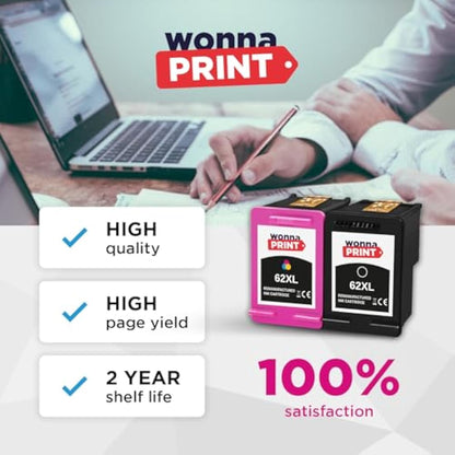 WonnaPrint 62XL Ink Cartridges Replacement for HP 62 62 XL Black and Colour for HP Envy 5540 5541 5544 5546 5644 5541 5542 5640 5646 OfficeJet 250 5740 5742