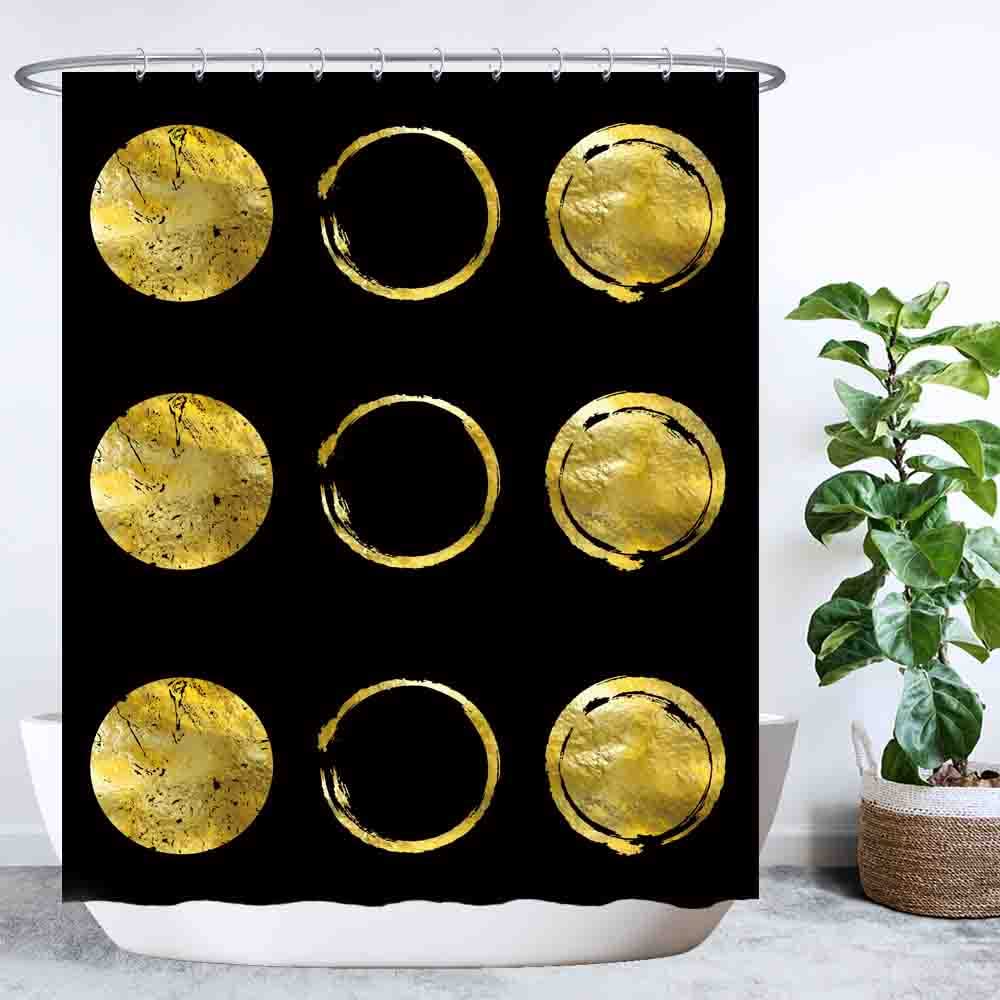 Ulticool Shower Curtain - Golden Circles Sun Moon Chic - 180 x 200 cm - Washable - Anti Mould - with 12 Rings - Gold Black