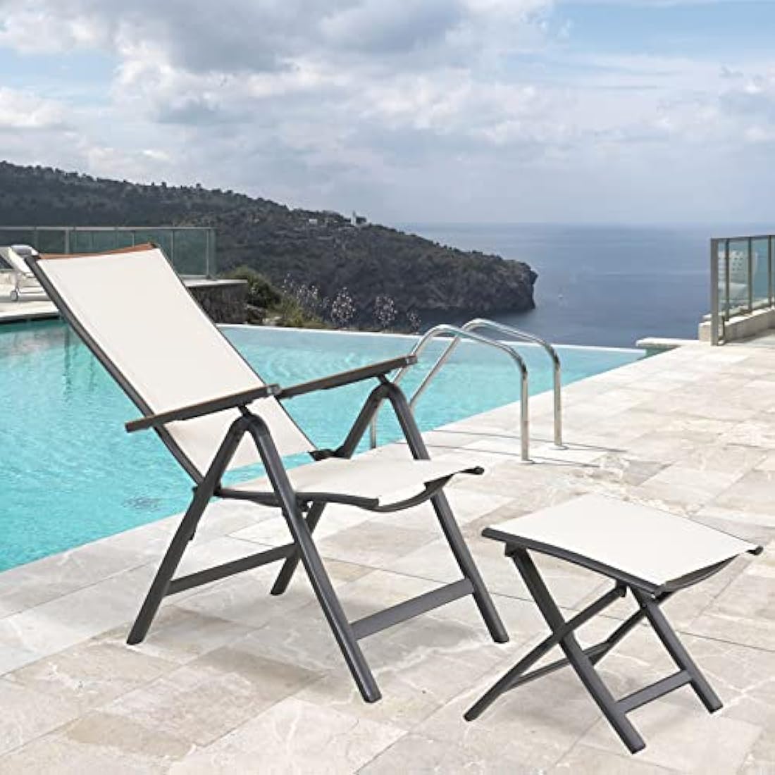 Grand patio folding chair, Aluminium garden chairs set of 2 with Armrest & Mesh breathable Seat, Adjustable 6 Position High Backrest, foldable dining chair for Outdoor, Garden, Dining room (White)