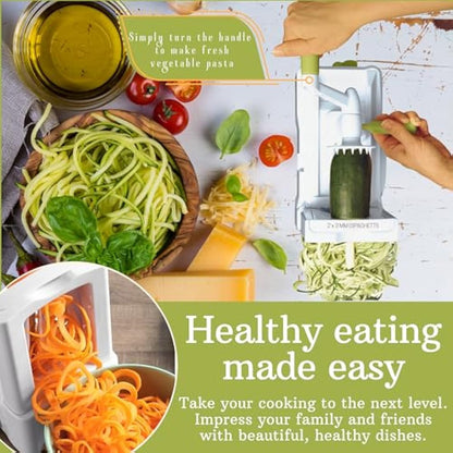 Brieftons 10-Blade Vegetable Spiralizer: Strongest-Heaviest Spiral Slicer, Best Veggie Pasta Spaghetti Maker for Low Carb, Paleo, Gluten Free Meals, with Blade Caddy, Container, Lid & 4 Recipe Ebooks
