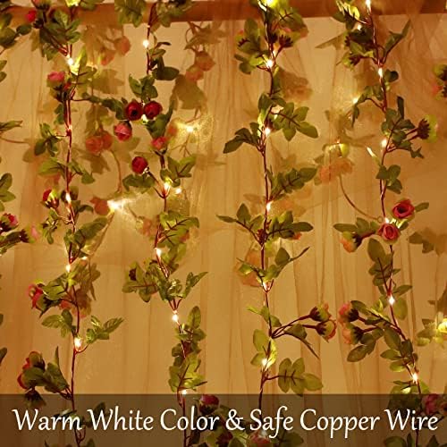 Fielegen 2 Pack Artificial Flower String Lights 4.4M 40 LED Battery Powered Rose Flower Garland with Lights for Valentine Mother's Day, Garden Wedding Birthday Holiday Party Bedroom Decor