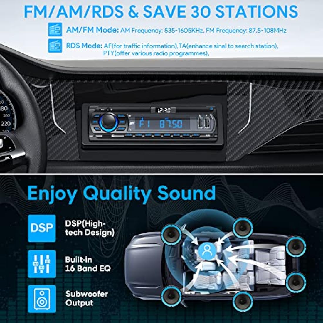 RDS Car Radio Bluetooth Hands-free, 9-24V Car Stereo Bluetooth 4 x 65W FM/AM Radio LCD Clock with 7 Colors Lighting, MP3 Player Supports 2 USB/AUX/SD