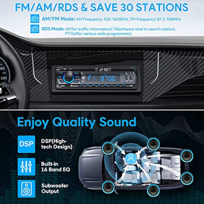RDS Car Radio Bluetooth Hands-free, 9-24V Car Stereo Bluetooth 4 x 65W FM/AM Radio LCD Clock with 7 Colors Lighting, MP3 Player Supports 2 USB/AUX/SD