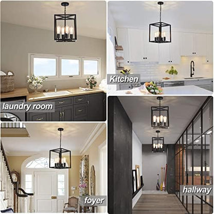 Qcyuui Vintage Lantern Pendant Light, Industrial Metal Cage Foyer Chandeliers Ceiling Lamp, 4-Light Black Hanging Pendant Lighting Fixture for Kitchen Island Farmhouse Hallway, E27