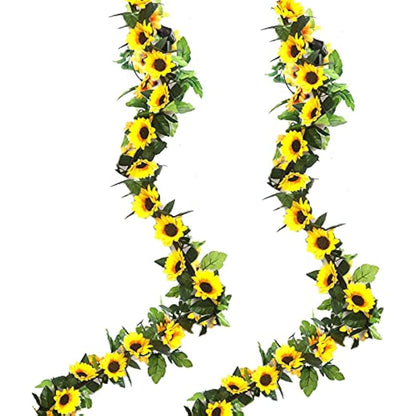YELYAN 2 Pack Hanging Sunflower Garlands, Artificial Sunflower Garland Silk Sunflower Vine Faux Flower Hanging Garland with Green Leaves Fake Floral Arrangement for Wedding Party Home Décor