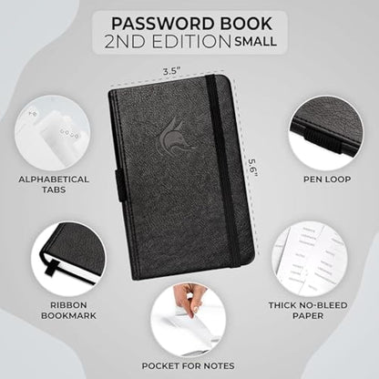 Clever Fox Password Book 2nd Edition Small – Pocket Password Keeper with Laminated Alphabetical Tabs – Internet Address Notebook & Login Details Organizer Journal – 8.9x14.2cm (Black)