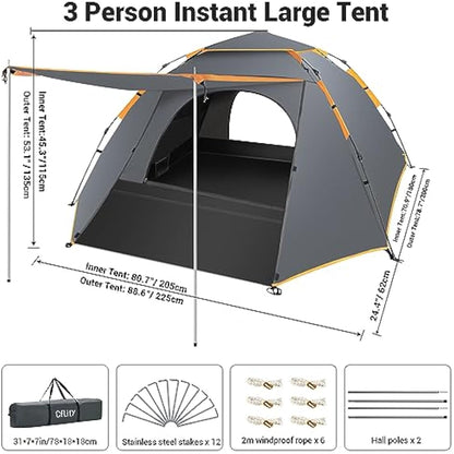 Cflity Camping Tent, 3 Man Pop Up Tent Automatic Instant Three Layer Waterproof 4 Season Large Dome Tent & Shelters with Extended Floor Mat Porch 2 Hall Poles Removable Rainfly