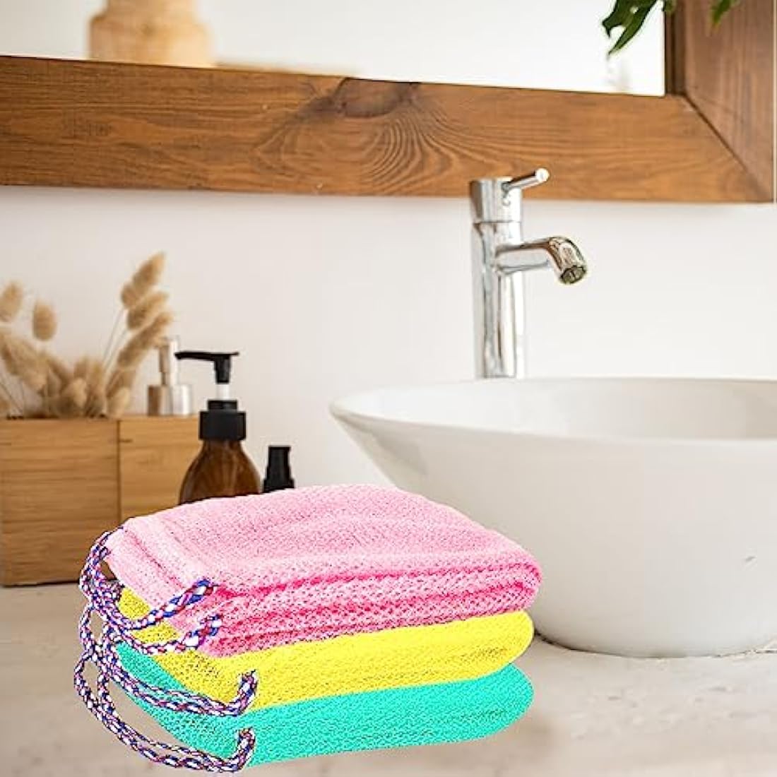 TENQUAN 3 PCS African Exfoliating Net Bath Sponge Exfoliating Body Scrubber Shower Scrubber Skin Smoother for Men Women Clean Clear Exfoliating Daily Wash (Pink Green Yellow)