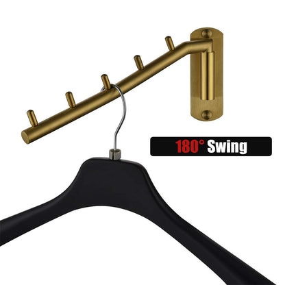 JQK Folding Clothes Hanger Rack, Stainless Steel Swing Arm Hook Holder, Clothing Hanging System Drying Closet Storage Organizer Brushed Gold Wall