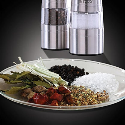 Russell Hobbs Stainless Steel Electric Salt & Pepper Mill Set with adjustable ceramic grinder heads for fine or coarse grinding, Battery operated, Light up during use, One handed operation, 23460-56