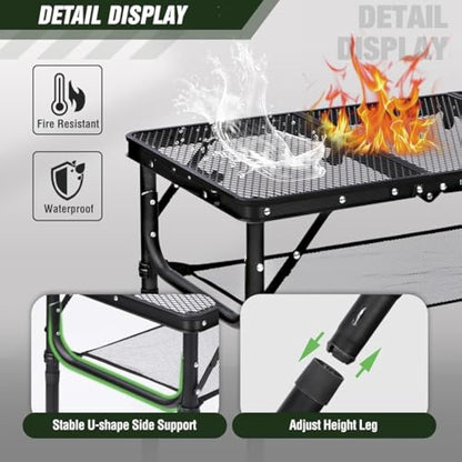 REDCAMP 2.8ft Folding Camping Table for Outside, Lightweight Aluminum Portable Folding Table for Cooking BBQ, Metal Grill BBQ Table Easy to Assemble with Adjustable Heights Legs,Black 87cm x 40cm