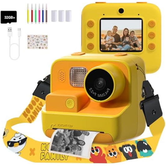 Mafiti Kids Camera Instant Print 2.0 Inch 1080P HD Screen, Kids Digital Camera 48MP for Girls Boys Gifts with 32GB SD Card, 3 Rolls of Printing Paper, 6 Colored Pens