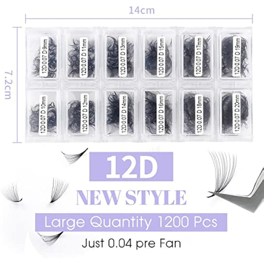 12D Premade Fans Eyelash Extensions 1200PCS Pre Made Fans Lashes 0.07mm C Curl Mixed Tray 9-20mm Handmade Loose Volume Lash Extension Premade Lash Fans (1200-12D-0.07-C-920)
