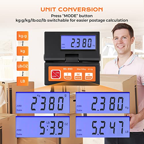 Bonvoisin Postal Scale Digital 50kg/110lb Parcel Shipping Scale with Separate Large LCD Display, 2 AAA Batteries & UK Power Adapter Included, g/kg/oz/lb Switchable, with Stable & Hold Indication