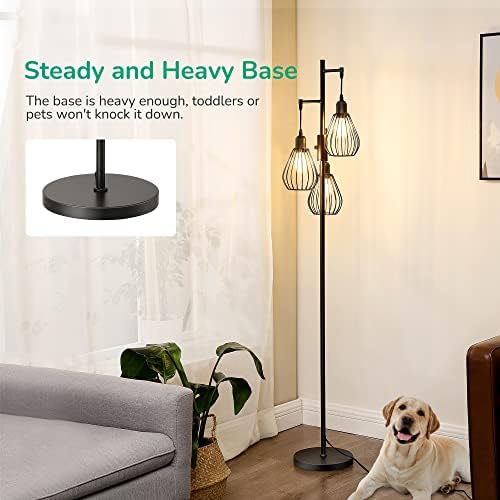 EDISHINE Industrial Floor Lamp, Dimmable Standing Lamp with Wire Cage Lampshade, Floor Lamps for Living Room, Bedroom, E27 Sockets, 3 LED Bulbs Included, Black Metal