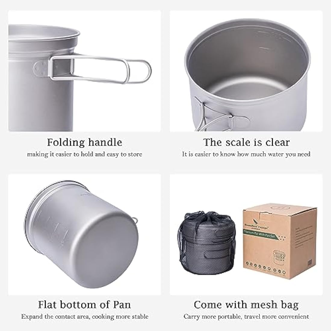 iBasingo Titanium Pot Pan Set Camping Cookware Ultralight Outdoor Backpacking Cooking Set with Folding Handle