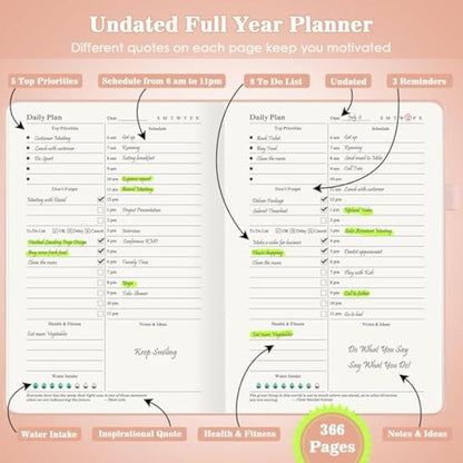 Planner, Undated Daily Planner with To Do List, 365 Days Planner for ADHD, Agenda for Women Men, Hourly Planner Notebook for Goal Setting, Productivity Organizer with Calendar, 8.3" x 5.8" (Pink)