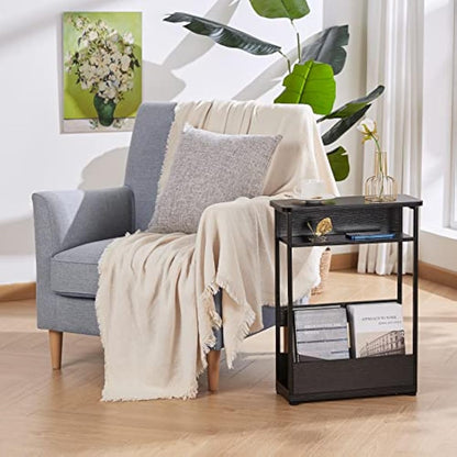 YEAKOO Narrow Side Table with Storage Shelf, 3 Tier Slim End Table for Small Spaces, Narrow Bedside Table, Small Nightstand with Magazine Rack 46x18x62.5cm