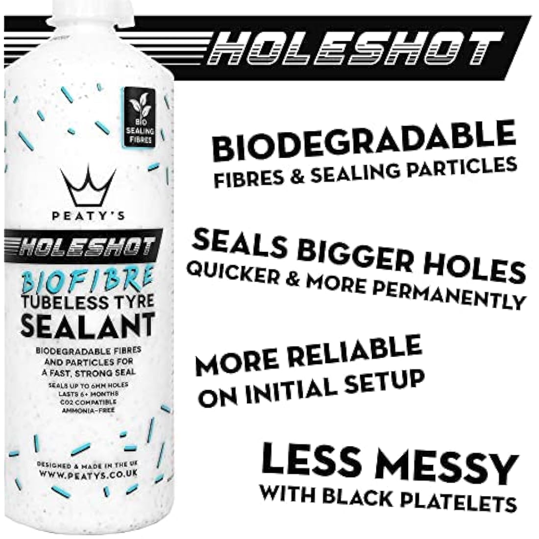 Peaty's Holeshot Biofibre Tubeless Tyre Sealant, Fast Acting Puncture Repair, Seals Up to 6mm holes for MTB, Road and Gravel Bikes, Uses Biodegradable Sealing Fibres