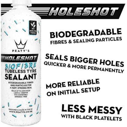 Peaty's Holeshot Biofibre Tubeless Tyre Sealant, Fast Acting Puncture Repair, Seals Up to 6mm holes for MTB, Road and Gravel Bikes, Uses Biodegradable Sealing Fibres