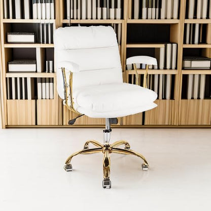 KLASIKA White Leather Office Chair with Gold Legs, Adjustable Height Home Desk Chairs with Padded Seat & Arms