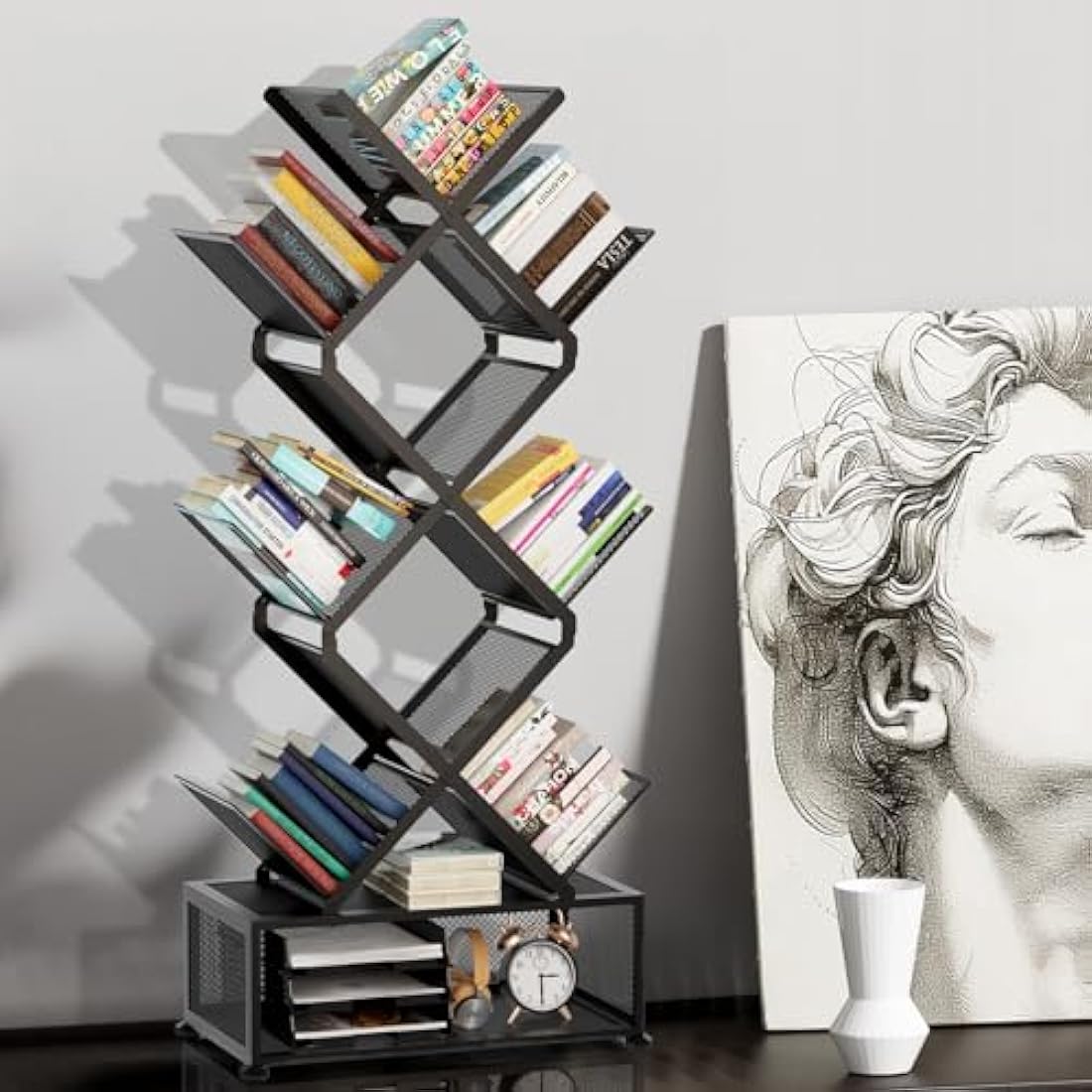 Gintan 9-Tier Space Saving Bookshelf with Storage,Bedroom Shelves Folding Bookshelves,No Installation Required Corner Shelf Tree Bookcase for Living Room,Study,Home Office,Bed Room (Black)