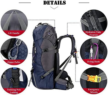 Bseash 60L Waterproof Hiking Camping Backpack with Rain Cover, Lightweight Outdoor Sport Travel Daypack Rucksack for Climbing Skiing