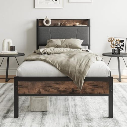 BORPHOM 3ft Single Bed Frame with Storage Headboard,Heavy Duty Metal Upholstered Platform Bed Frame,Mattress Foundation/Strong Steel Slat Support/Under-bed Storage/Easy Assembly