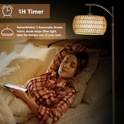 Rayofly Arc Floor Lamp for Living Room, Dimmable Floor Lamps with Remote Control, Boho Standing Lamp with Rattan & Linen Double Shades, Black Reading Tall Lamp for Bedroom Office, 9W LED Bulb Included
