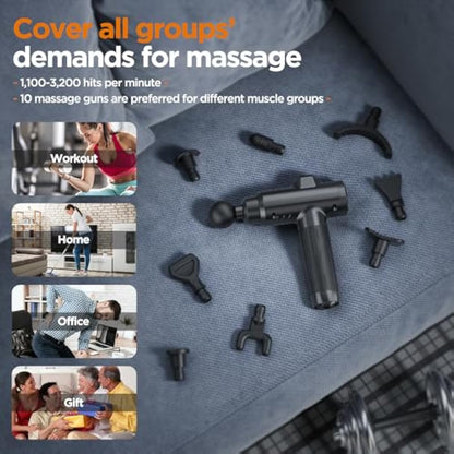 Massage Gun Deep Tissue, Portable Muscle Massage Device with 10 Massage Heads, 2025 Upgraded 30 Speeds Massager with LCD Touch Screen for Body Back Shoulder Muscle Relaxation