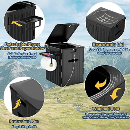 XL Portable Toilet for Adults, Extra Large 15.4" H Foldable Camping with Detachable Phone Shelf and Paper Holder, Waterproof Porta Potty Lid Camping, Hiking, Long Road Trips, Car