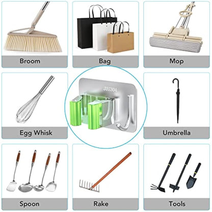 homeasy Mop Broom Holder, 4 Pcs Stainless Steel Self Adhesive Mop Holder Wall Mounted with Hooks Hanger Self-Adhesive Broom Holder for Bathroom, Kitchen, Office, Closet, Garden Garage (Green)