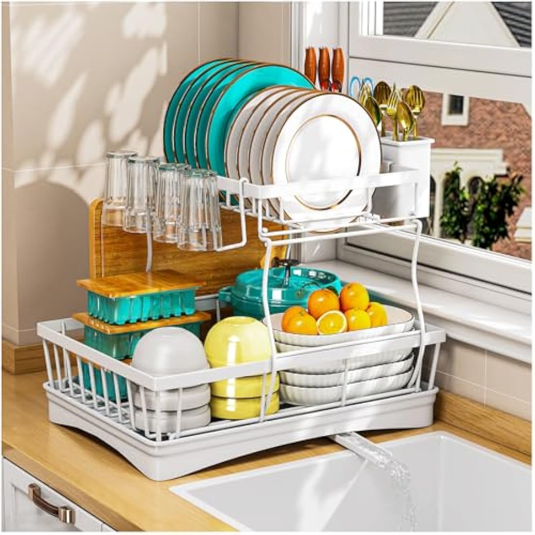 StowBin 2 Tier Dish Drainer Rack for Kitchen Counter - Space-Saving Dish Rack with Utensil Holder, Large Capacity Dish Drying Rack with Draining Board, White