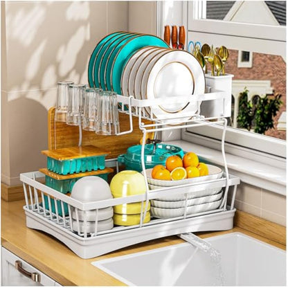 StowBin 2 Tier Dish Drainer Rack for Kitchen Counter - Space-Saving Dish Rack with Utensil Holder, Large Capacity Dish Drying Rack with Draining Board, White