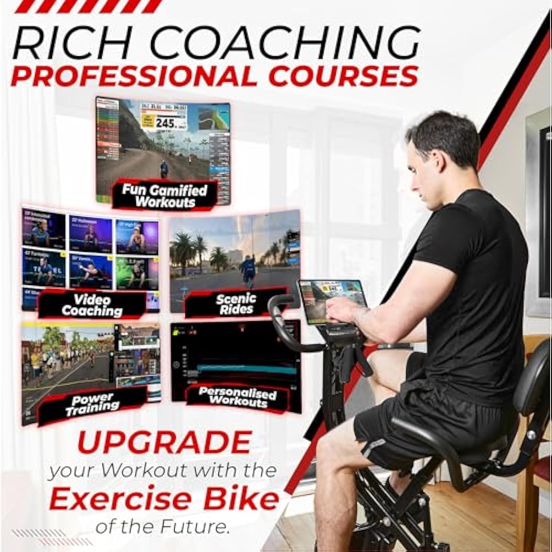 SmartXBike Pro 4-in-1 Exercise Bike Folding Indoor Cycling Fitness Bike with Magnetic Auto Resistance, FTP Power Training for Home Gym, Bluetooth Smartphone App Compatible with Kinomap, VZfit VR