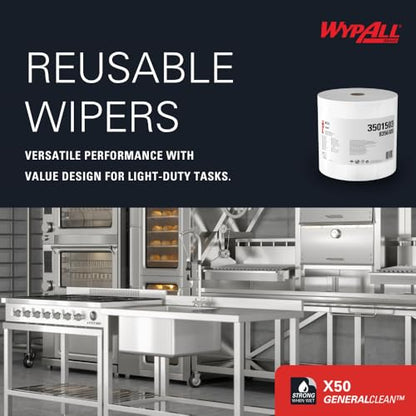 WypAll X50 General Clean Cloths 8356 - Reusable Cleaning Cloths - 1 Jumbo Roll x 1,100 White Industrial Wipers