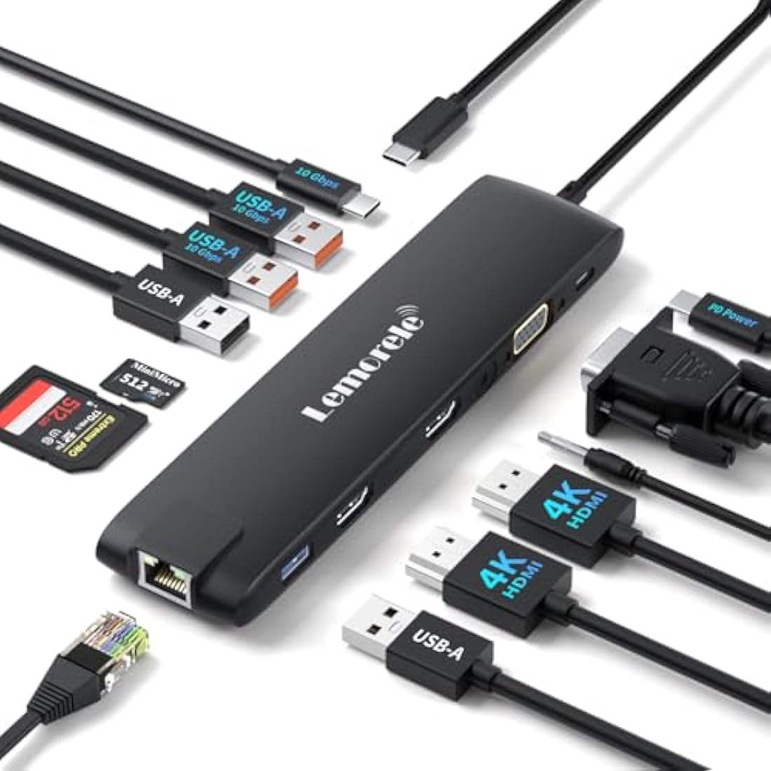 Docking Station USB C/A 10 Gbps 3*Display 13 in 1, 2025 Upgrade Lemorele USB Hub 2 x 4K HDMI, Gigabit Ethernet, 4 x USB 3.0/2.0, VGA, Type-C 3.1, PD 100W, Audio, SD/TF for Windows, MacBook