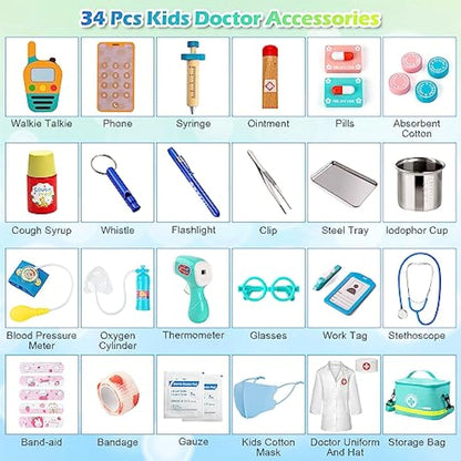 Sundaymot Kids Doctors Wooden Kit, 34 Pcs, with Real Stethoscope, Portable Doctors Bag, Pretend Role Play Medical Kit Toys for 3-6 Year Old Toddlers